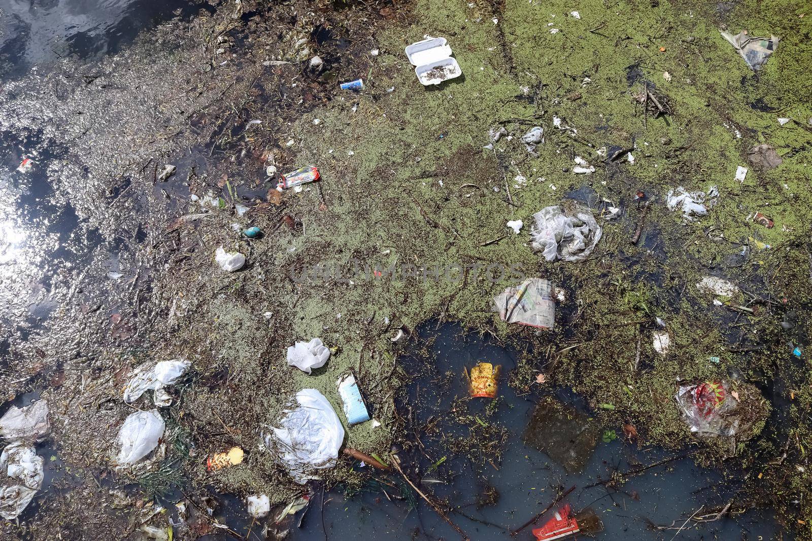 Environmental pollution found at a lake where people dumped their rubbish.