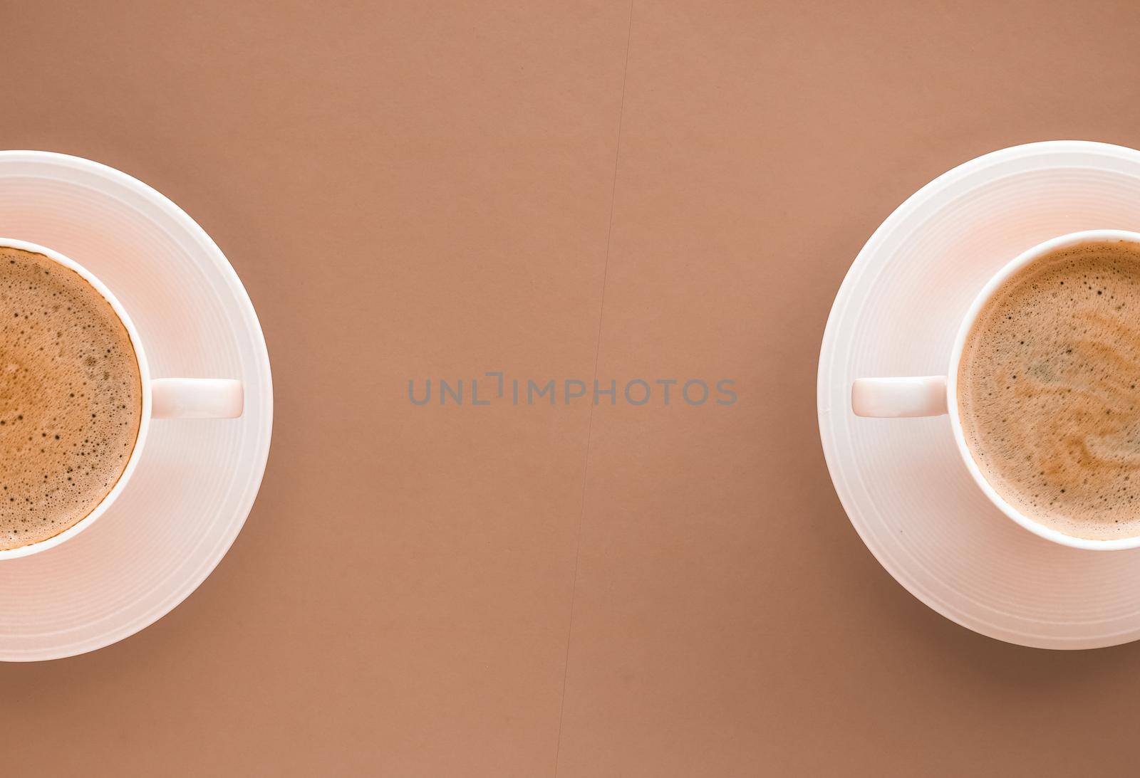 Drinks menu, italian espresso recipe and organic shop concept - Cup of hot coffee as breakfast drink, flatlay cups on beige background