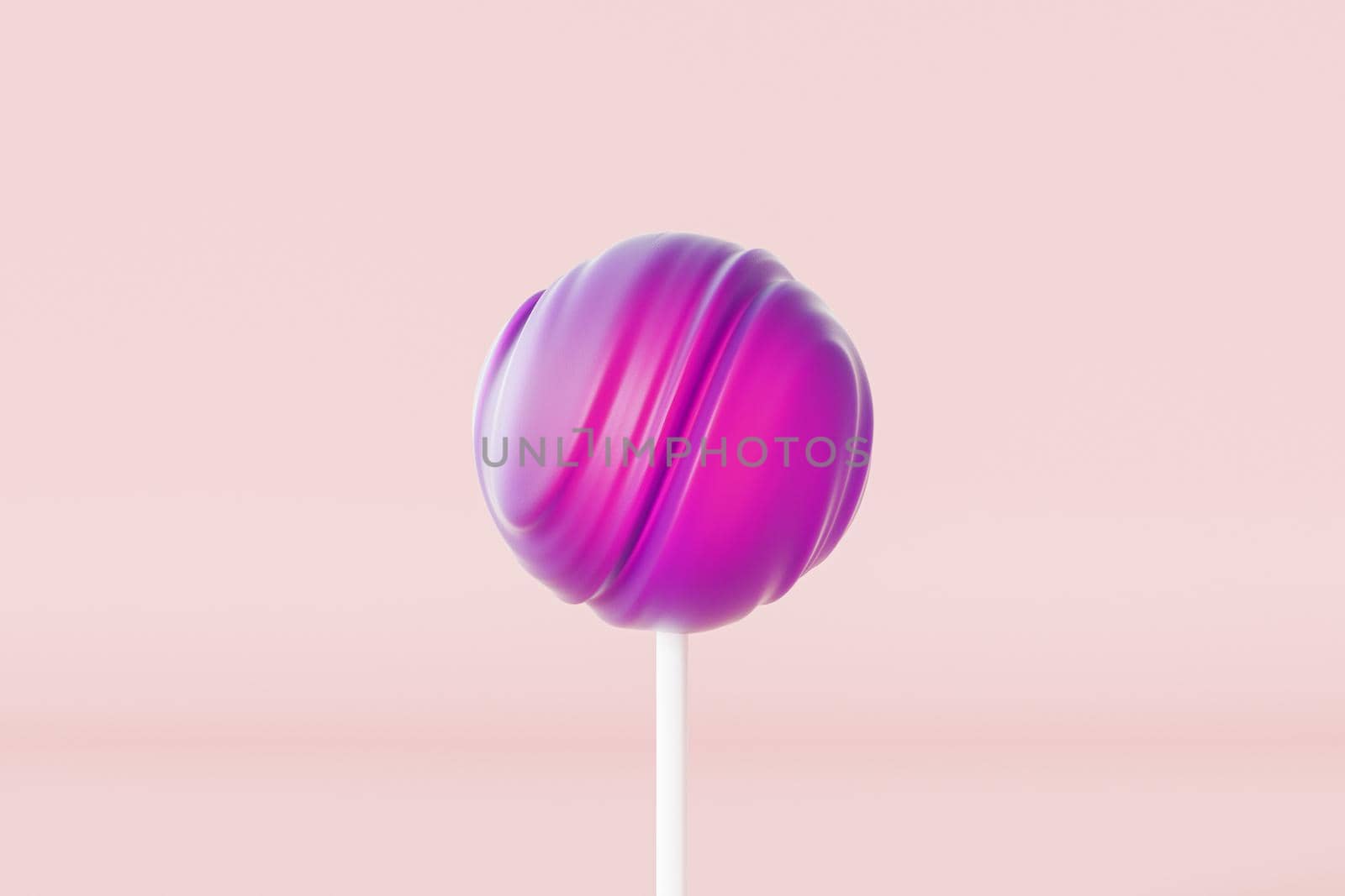 Purple lollipop sweet candy on stick, pastel pink background, 3d rendering by Frostroomhead