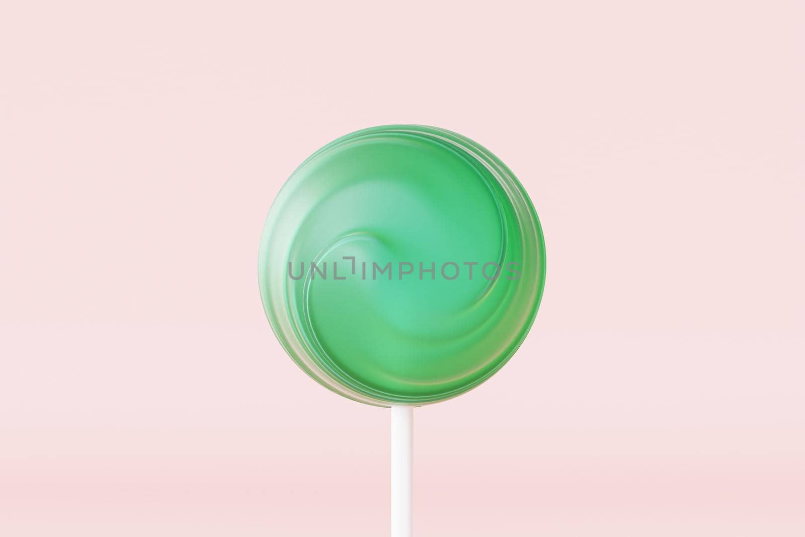 Green lollipop sweet candy on stick, pastel pink background, 3d rendering by Frostroomhead