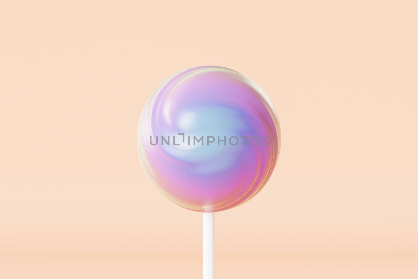 Colorful lollipop sweet candy on stick, pastel pink background, 3d rendering