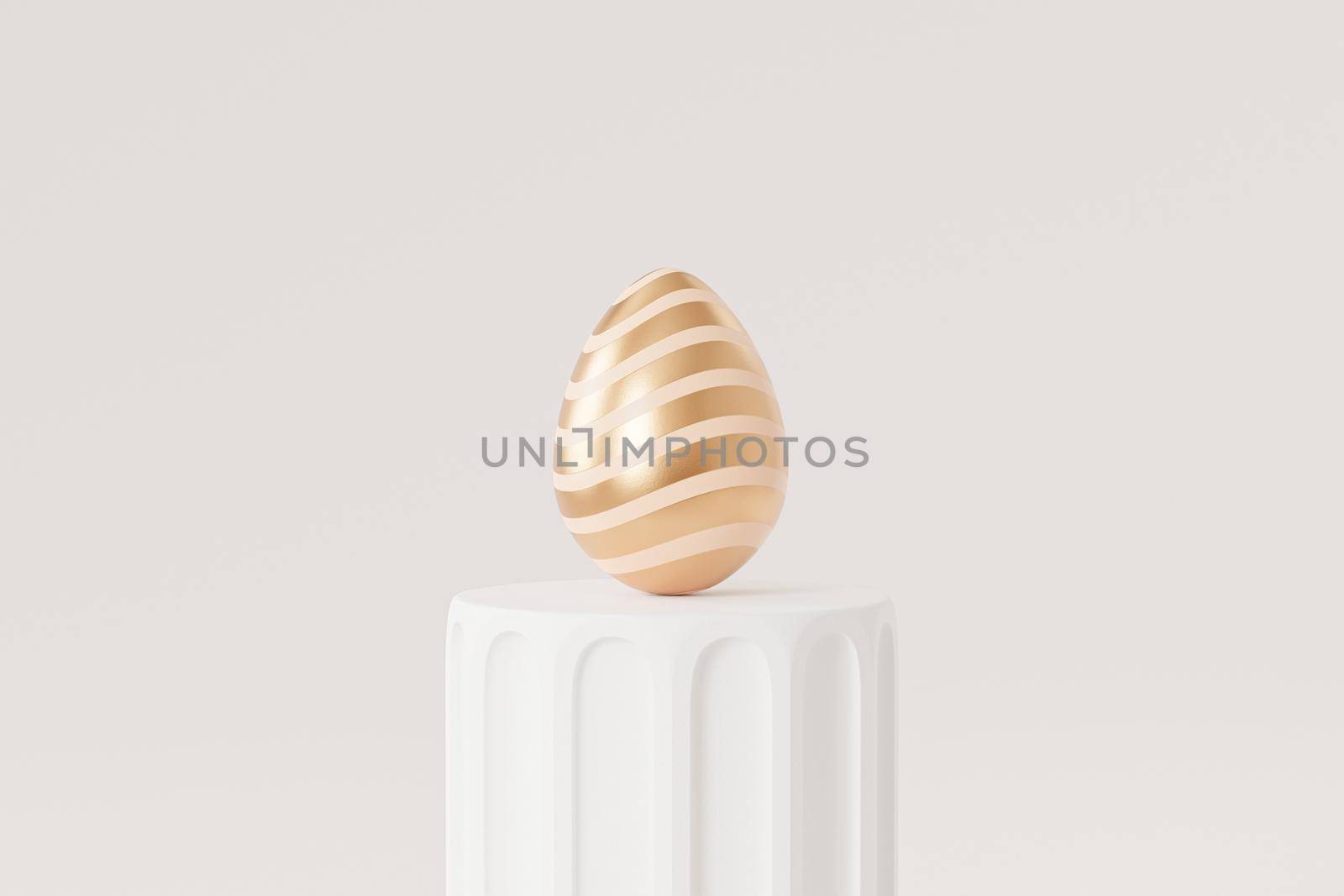 Easter egg decorated with gold on white podium, spring holidays card, 3d illustration render