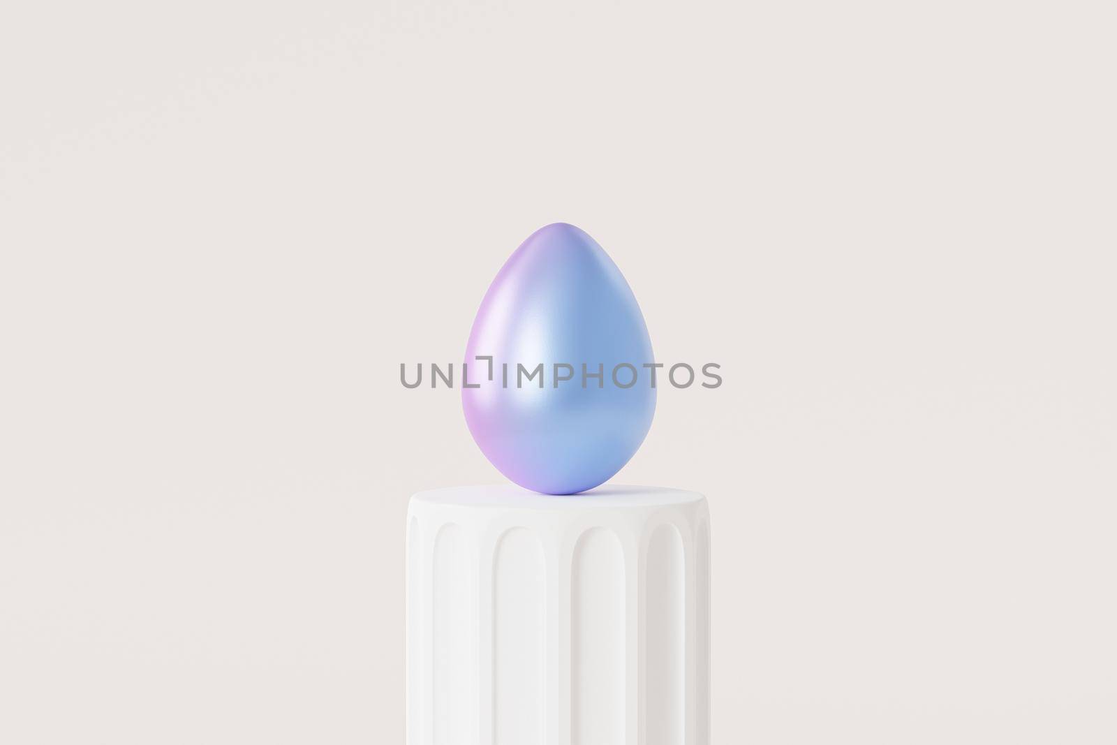 Easter egg decorated with blue and purple gradient paint on white podium, spring holidays card, 3d illustration render by Frostroomhead