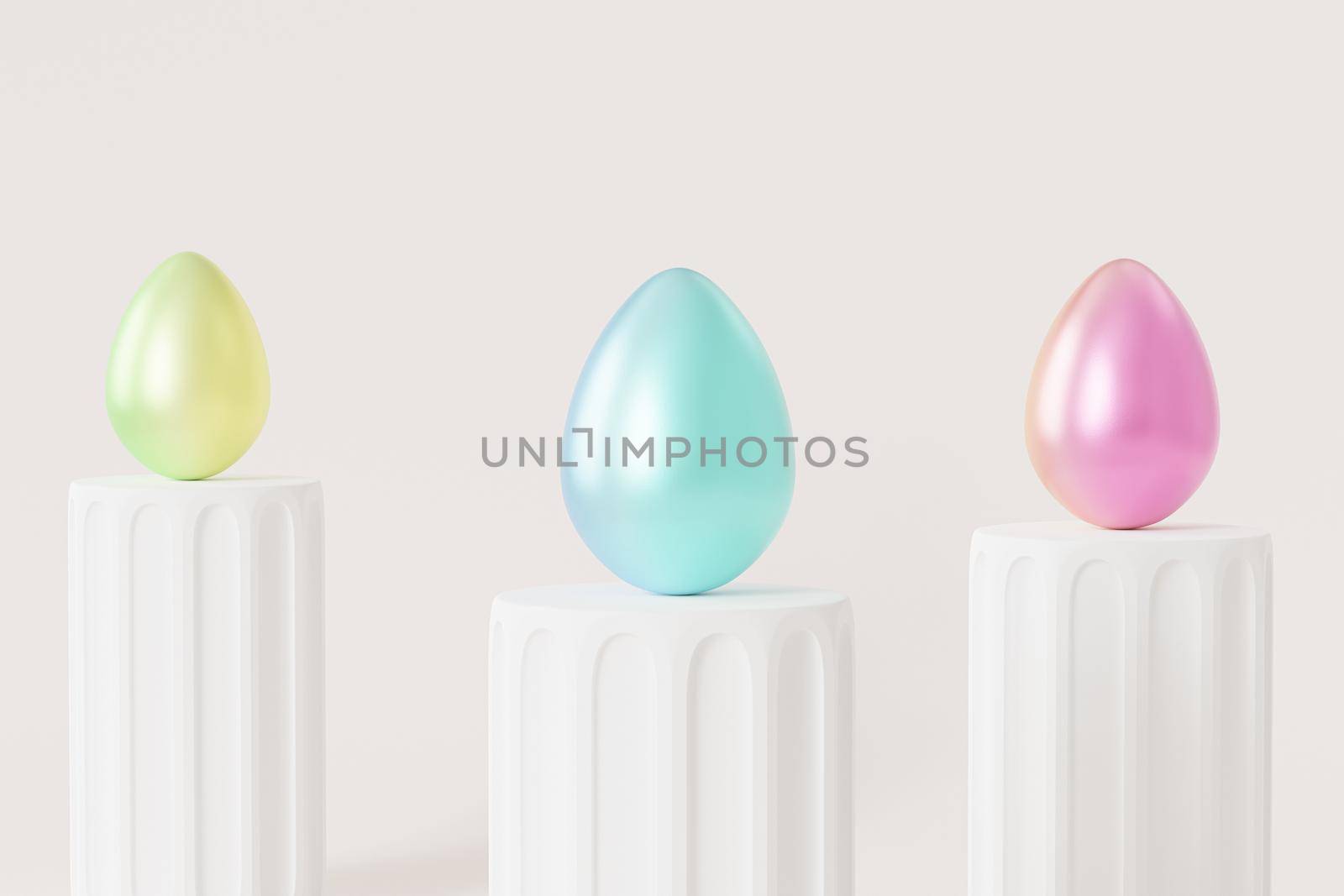 Easter eggs decorated with colorful gradient paint on white podium, spring holidays card, 3d illustration render