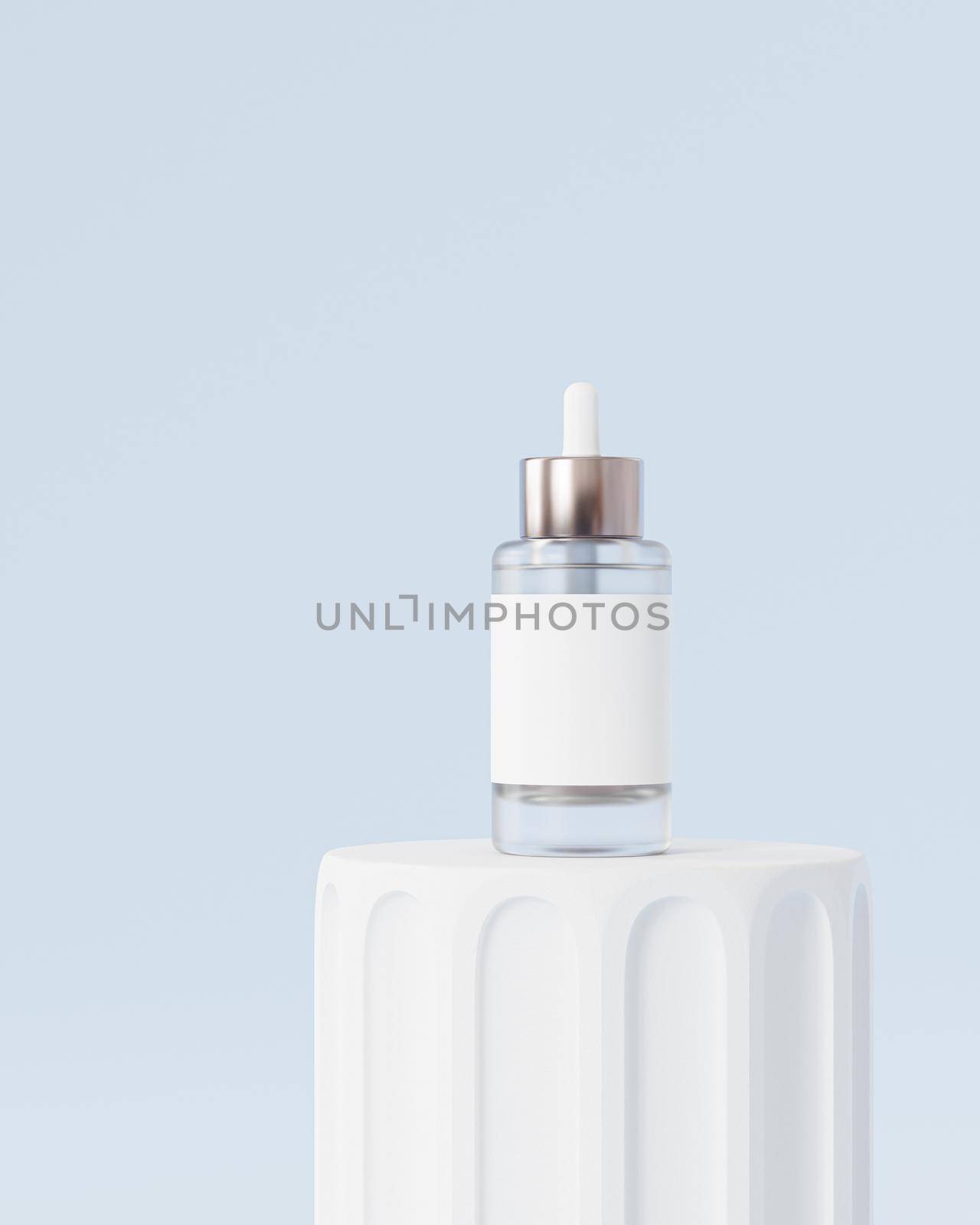 Mockup glass bottle dropper with label for cosmetics, care products or advertising, on pillar podium, 3d illustration render