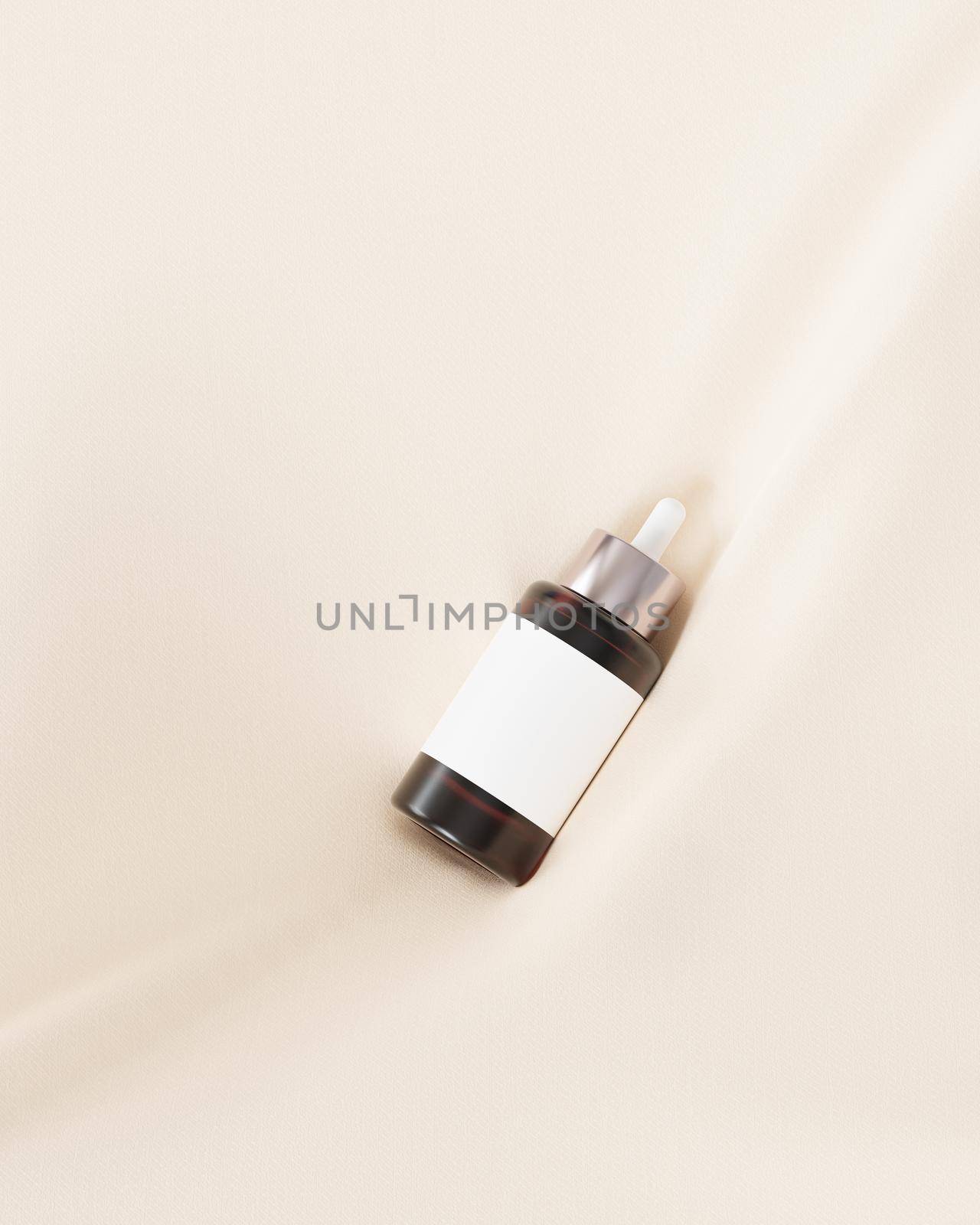 Mockup glass dropper bottle for cosmetics, care products or advertising, on beige linen cloth. 3d illustration render