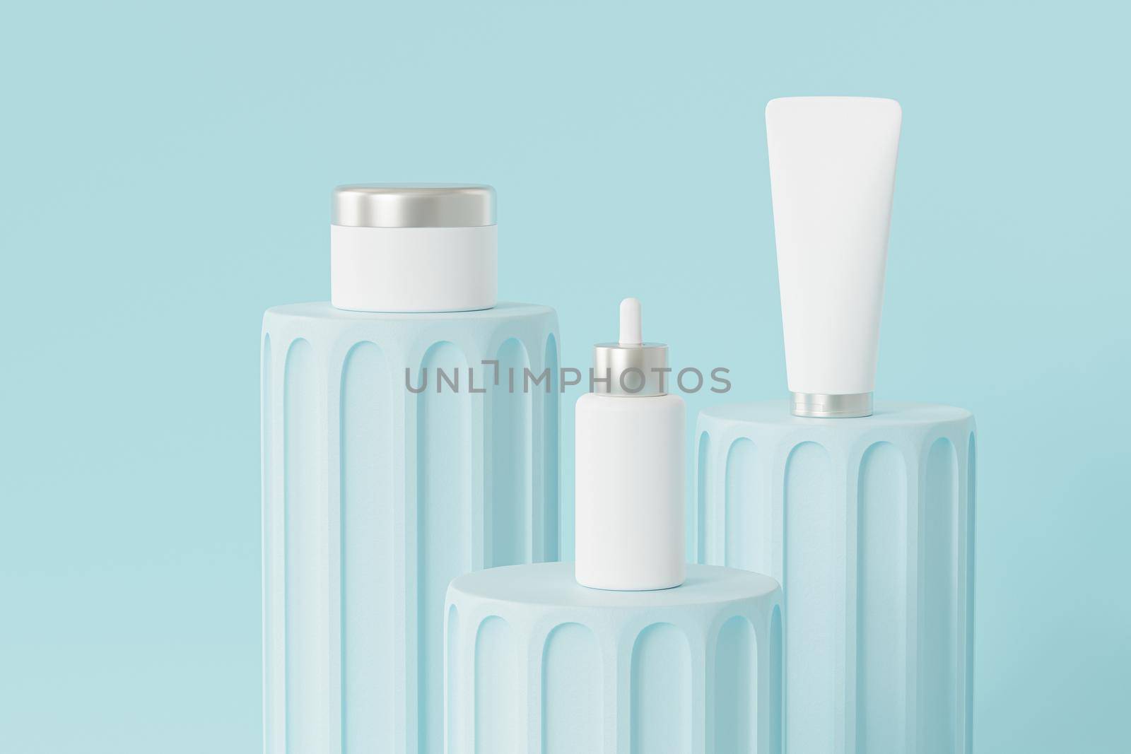 Mockup dropper bottle, lotion tube and cream jar for cosmetics products or advertising on blue podiums, 3d illustration render