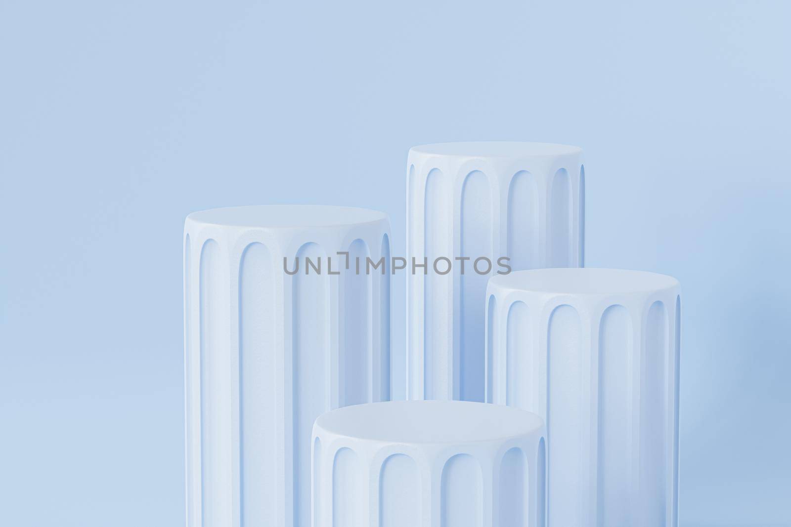 Blue pillar podiums or pedestals for products or advertising, minimal 3d illustration render