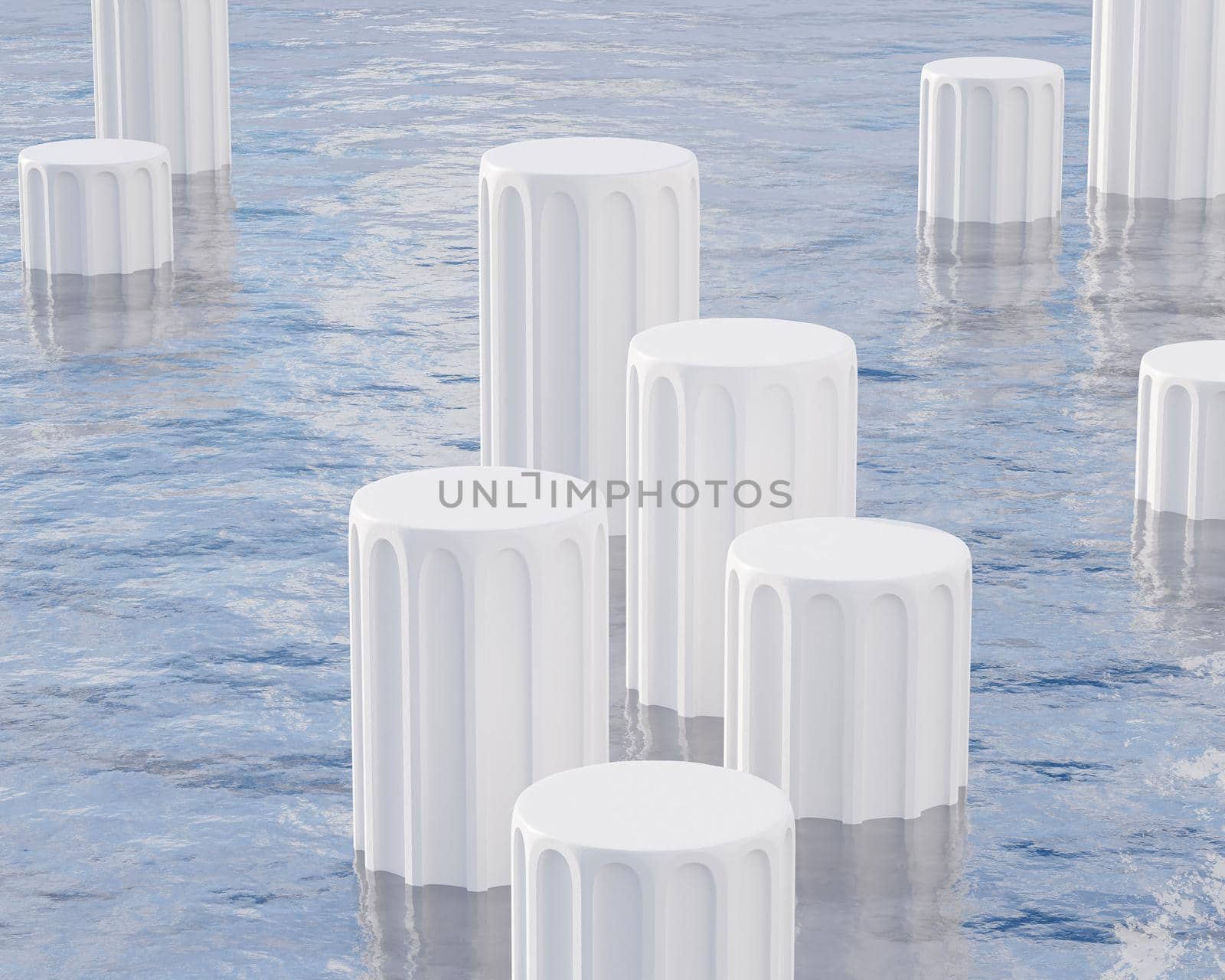 White pillar podiums or pedestals for products or advertising standing in sea or ocean with waves. Minimal 3d illustration render