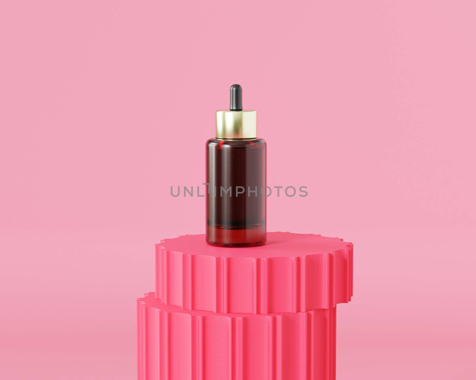 Glass dropper bottle for cosmetics products or advertising on pink pillar podium, 3d illustration render