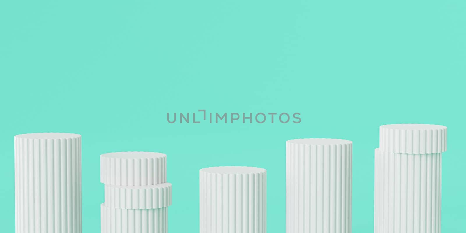 White pillar podiums or pedestals for products or advertising, on turquoise background, minimal 3d illustration render by Frostroomhead