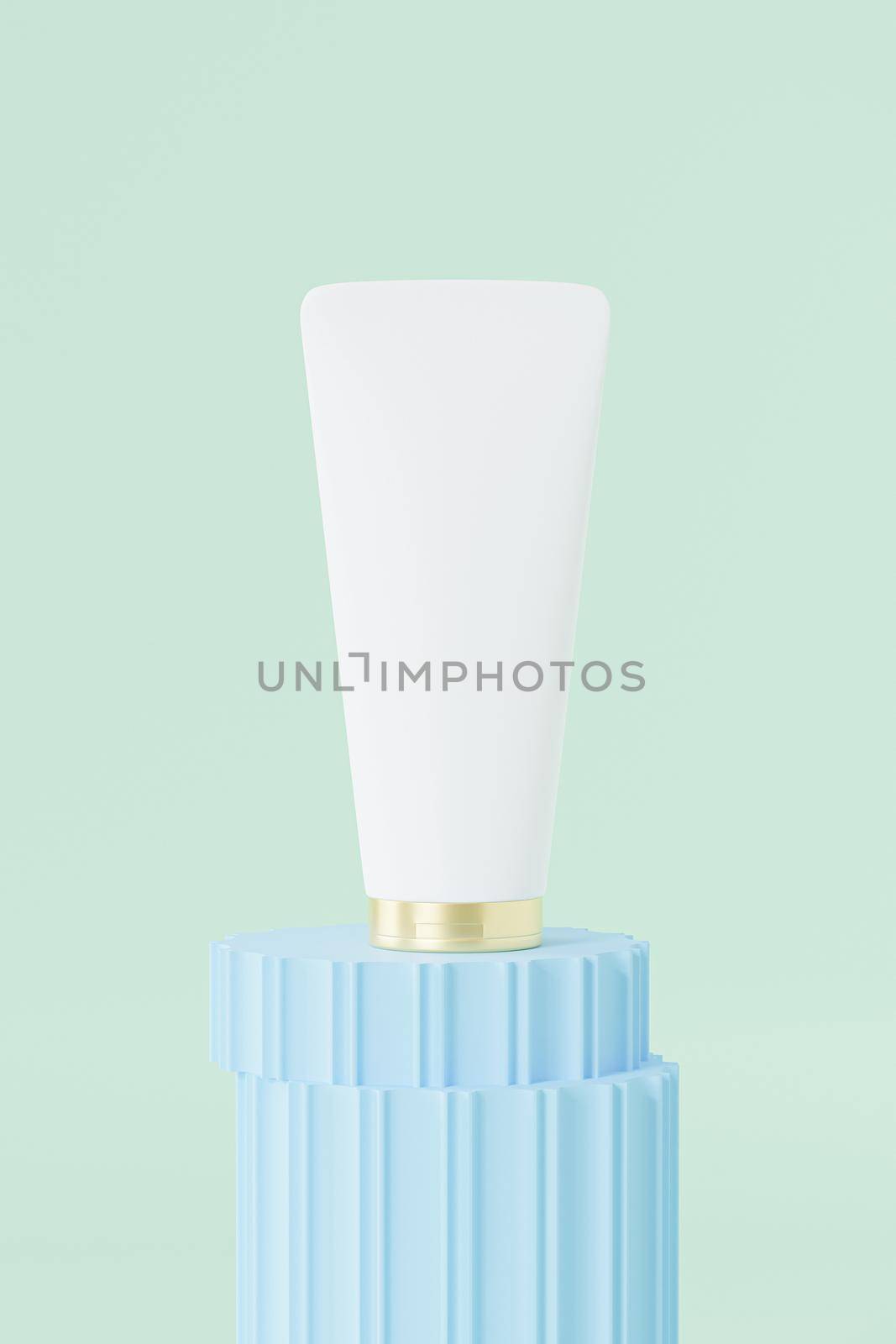 Mockup lotion tube for cosmetics products, template or advertising on blue pillar podium, minimal 3d illustration render