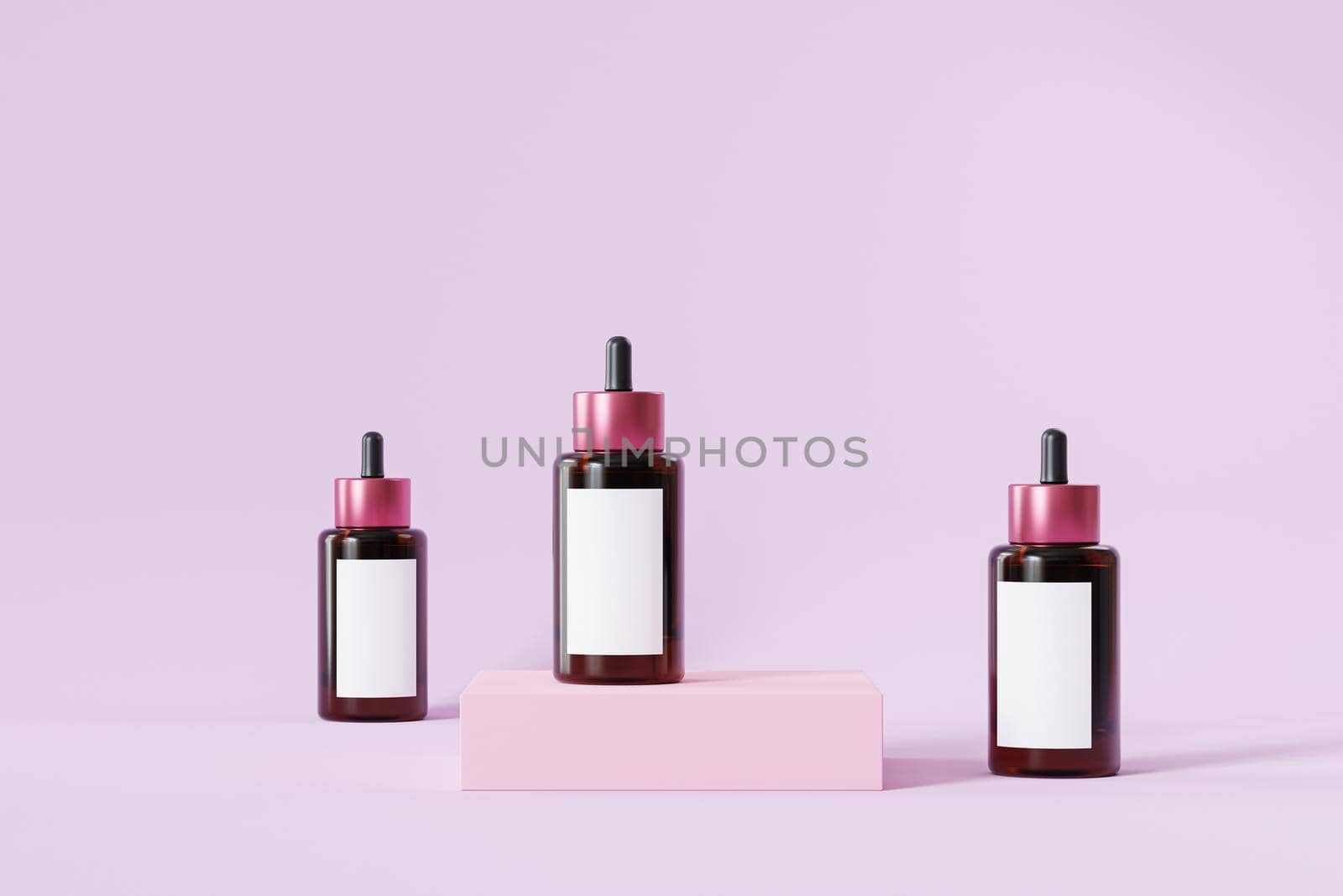 Mockup bottles with label for cosmetics products, template or advertising, pink background, 3d illustration render