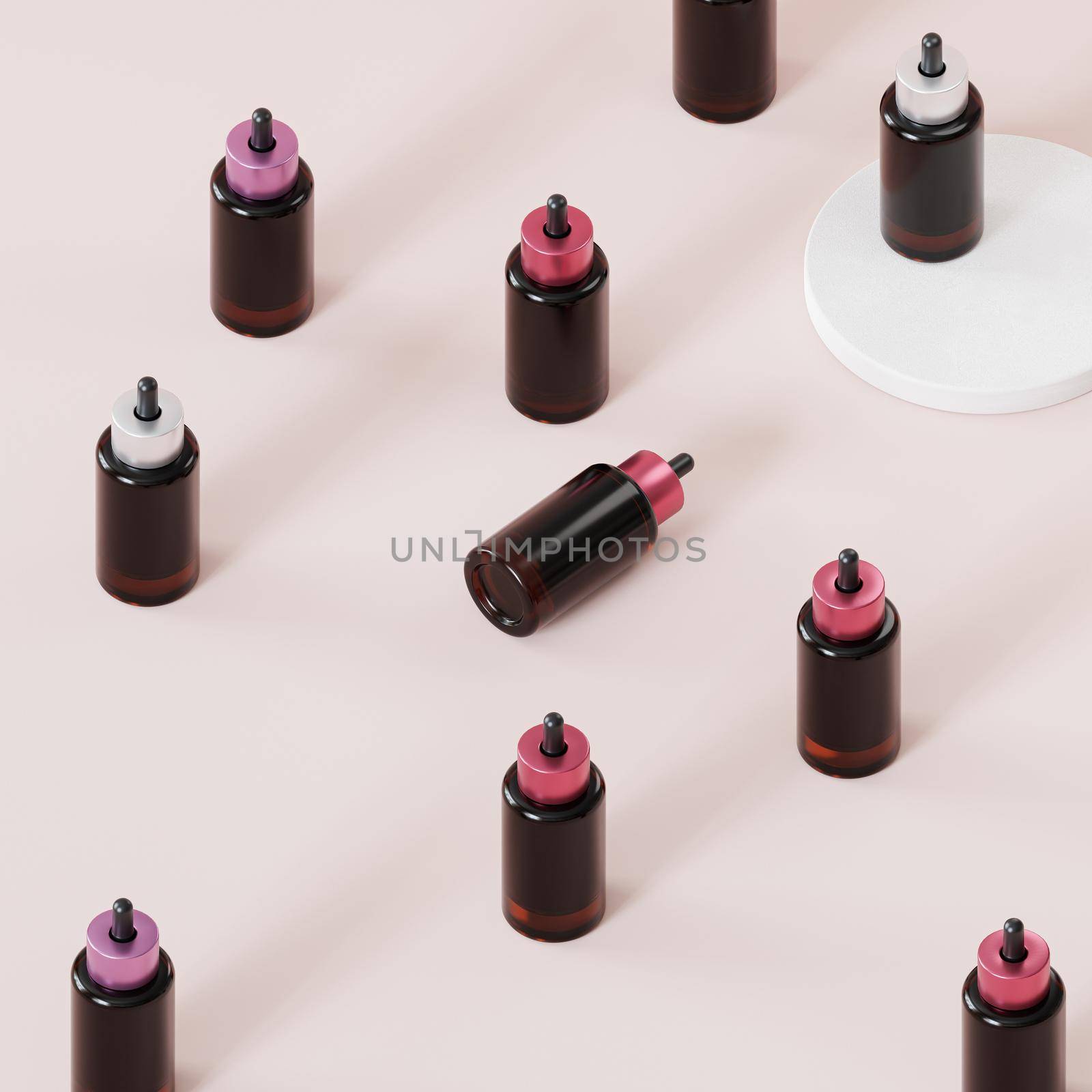 Glass bottles for cosmetics or care products, template or advertising, beige background, 3d illustration render