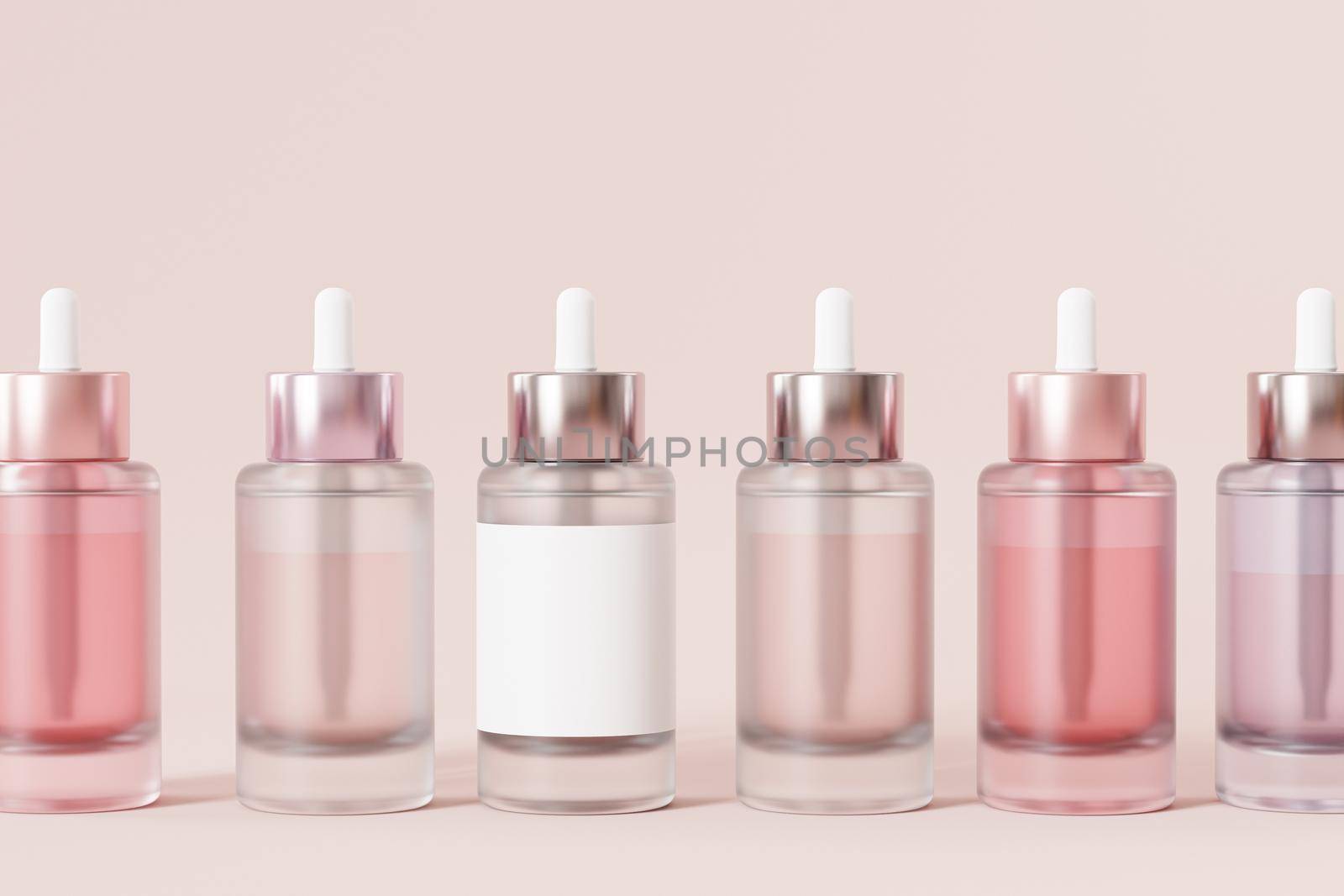 Mockup glass bottles with label in row for cosmetics or care products, template or advertising, beige background, 3d illustration render