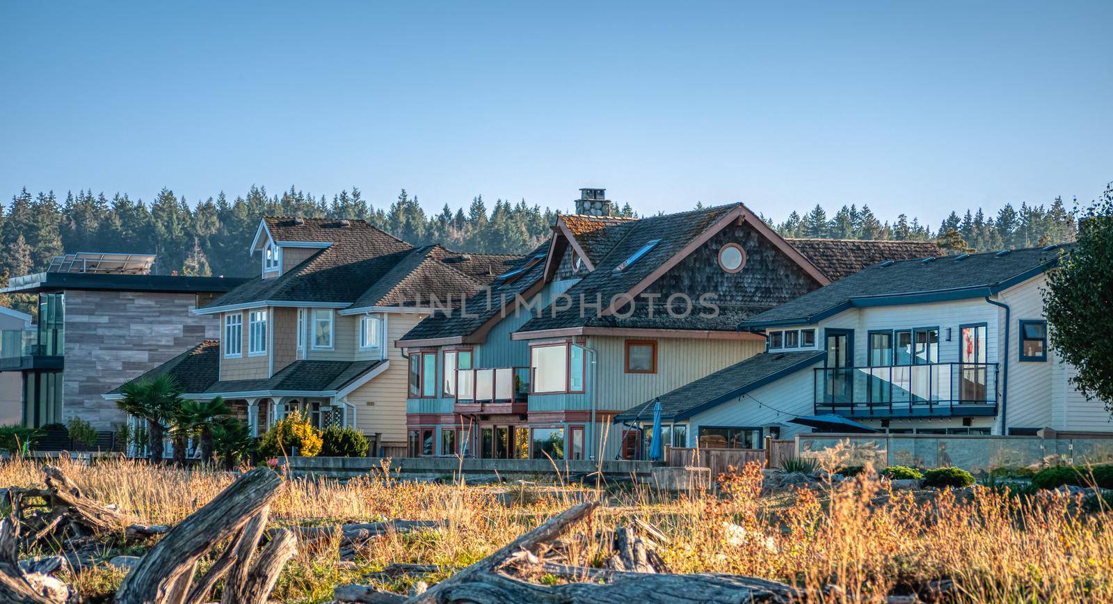 Row of residential houses in sunset light in Vancouver.
