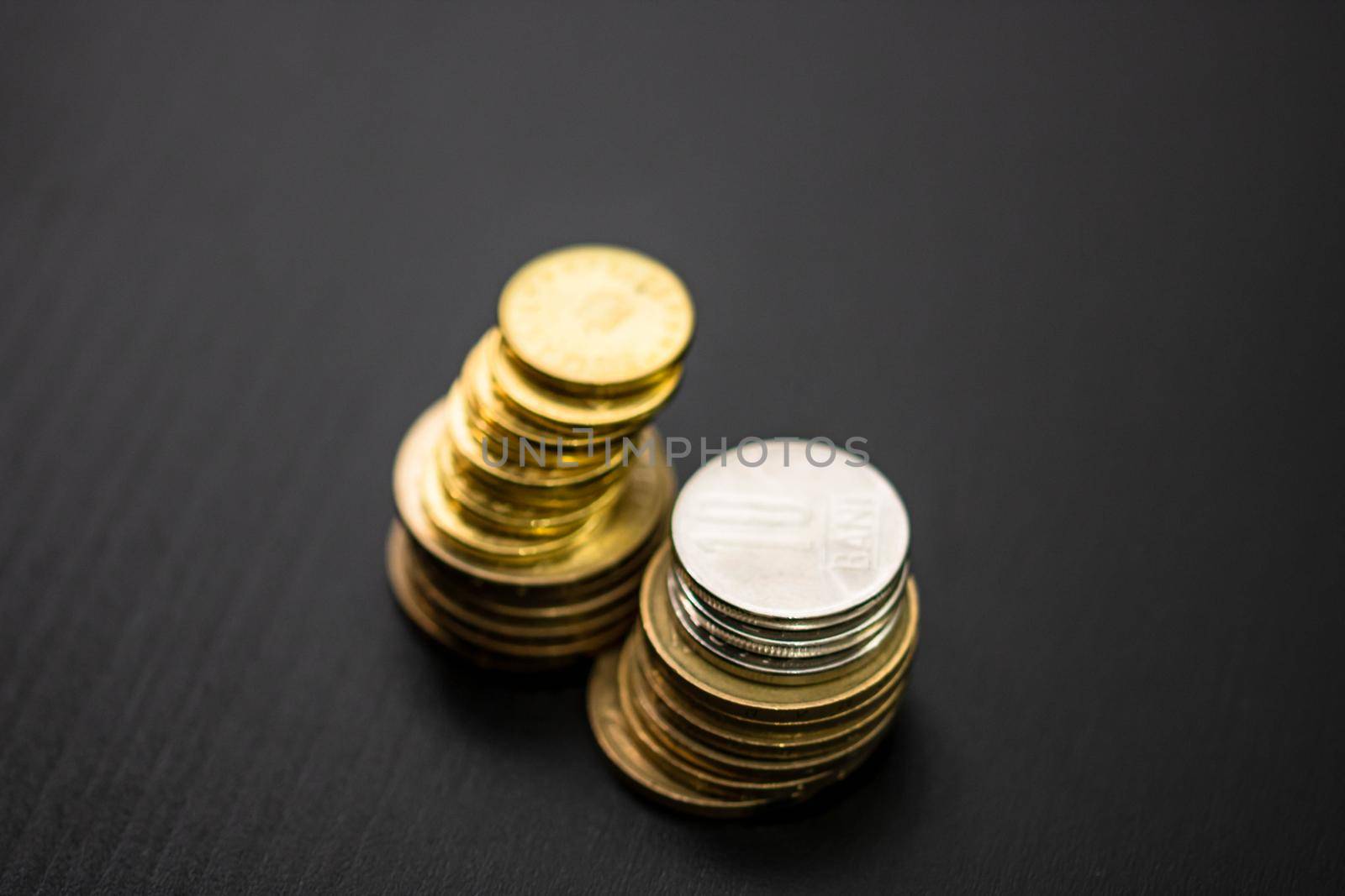 Detail of Romanian LEI coins currency. World money concept, inflation and economy concept