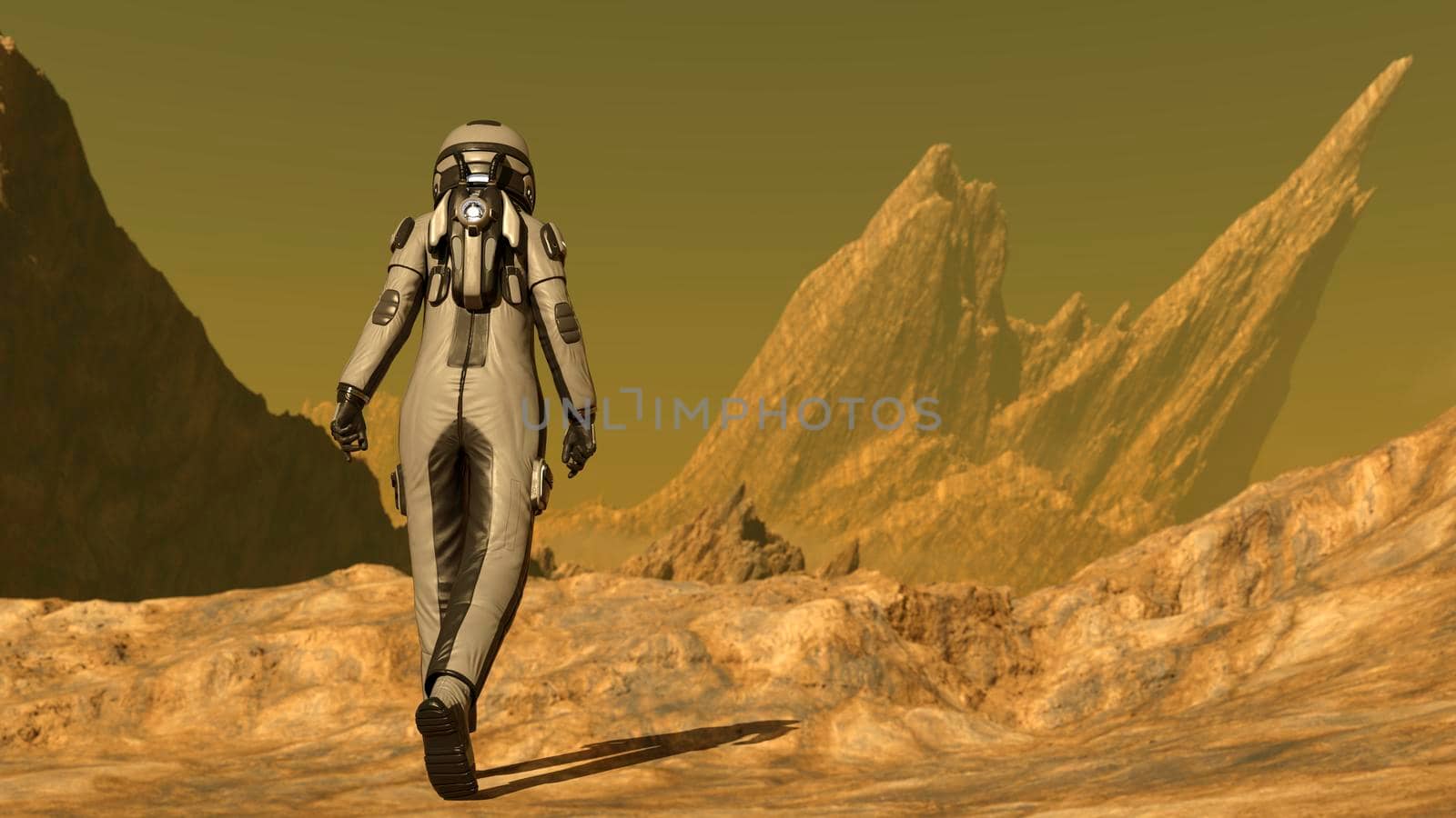 Space traveler exploring a new desert planet - 3d rendering