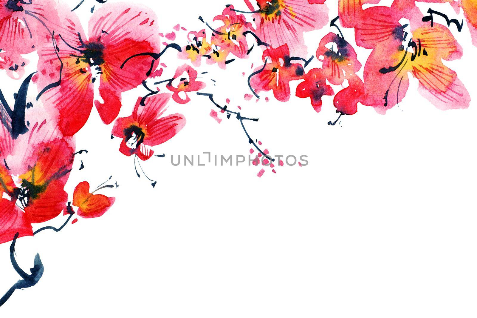 Watercolor illustration of blossom sakura tree with flowers and buds. Oriental traditional painting in style sumi-e, u-sin and gohua. Horizontal design.