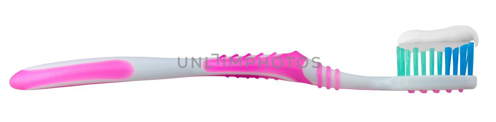 An Isolated Pink Toothbrush With Toothpaste On A White Background