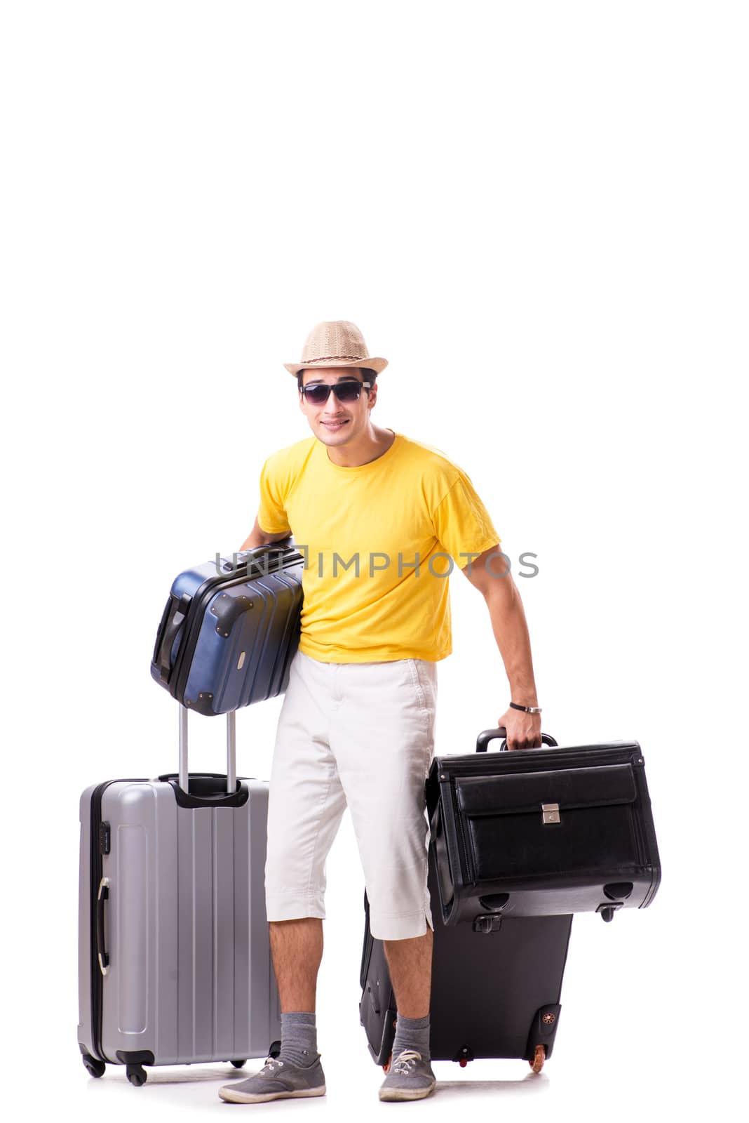 Happy young man going on summer vacation isolated on white