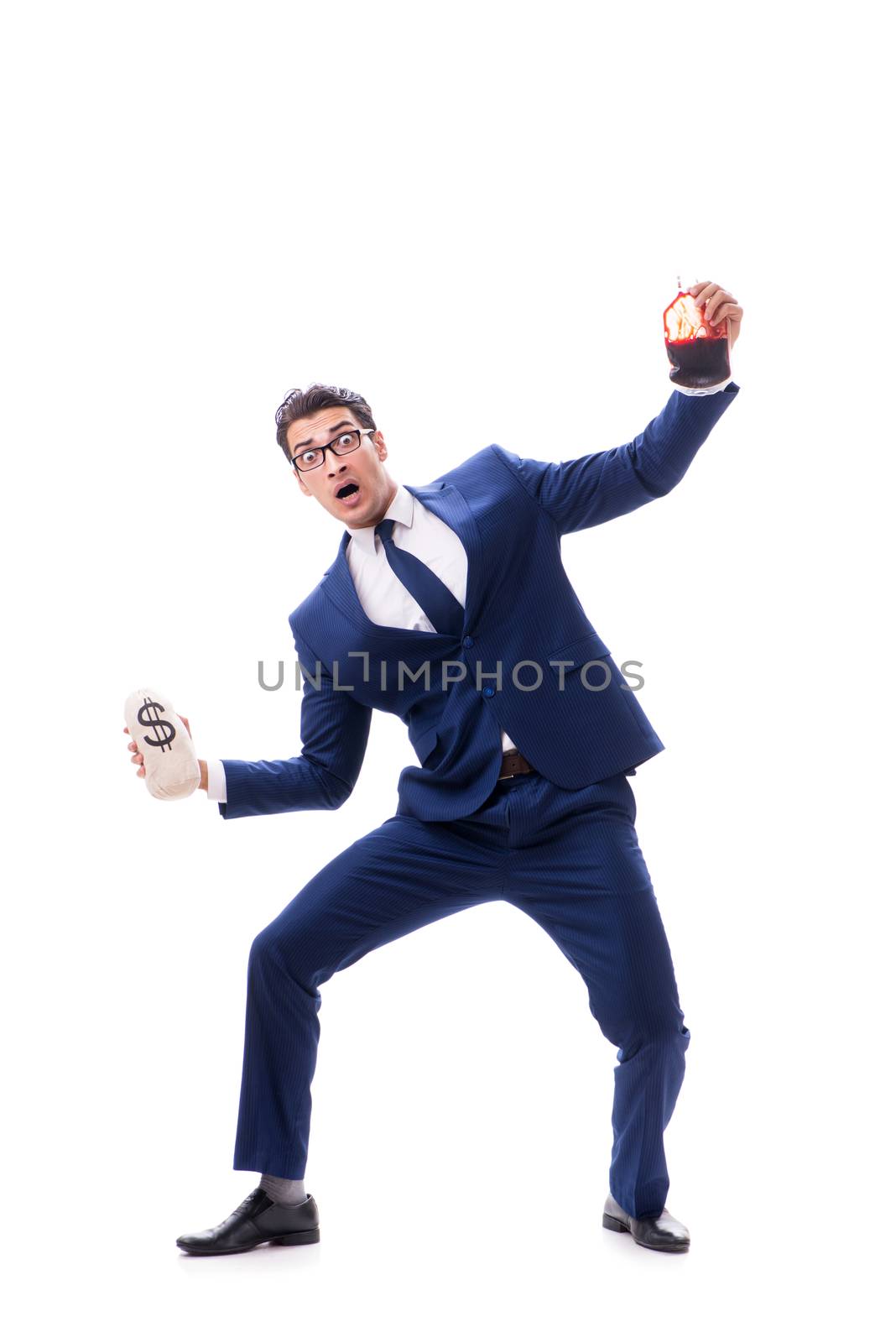 Businessman with blood bag isolated on white