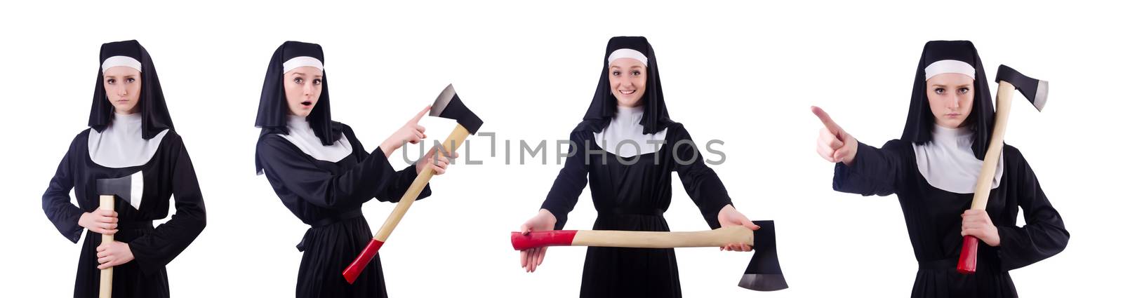 Nun with axe isolated on white