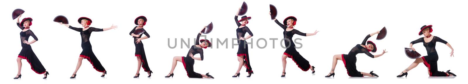 Woman dancing spanish dance isolated on white