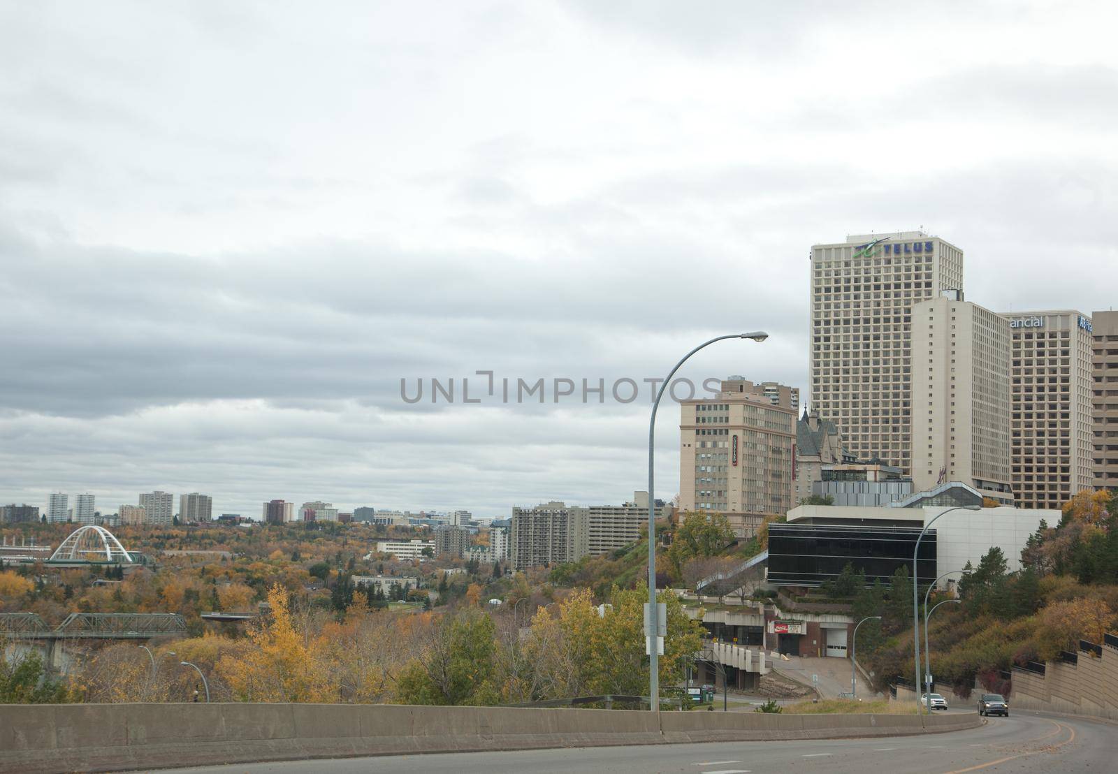 view of downtown edmonton with the low level bridge and telus building 