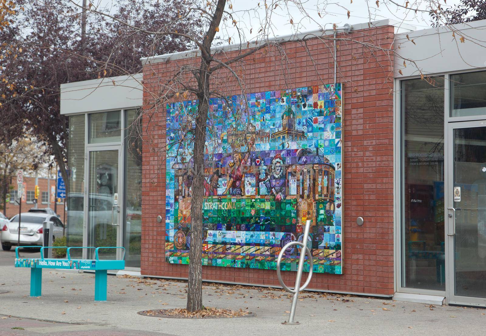 the city of Edmonton's colorful public washrooms and bench in the Strathcona district on the corner of Whyte and Gateway 