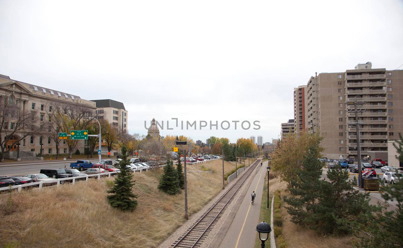  On October 6, 2017: editorial view of downtown Edmonton, Alberta near the Bowker Building and legislature 