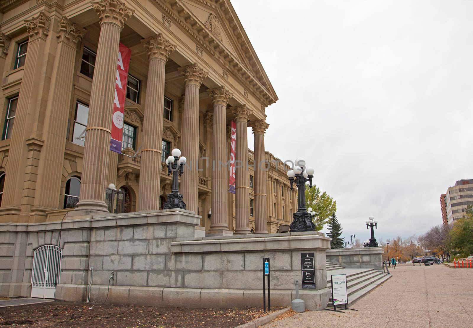 on October 6, 2017: signs for tours of the edmonton legislature building in Canada 