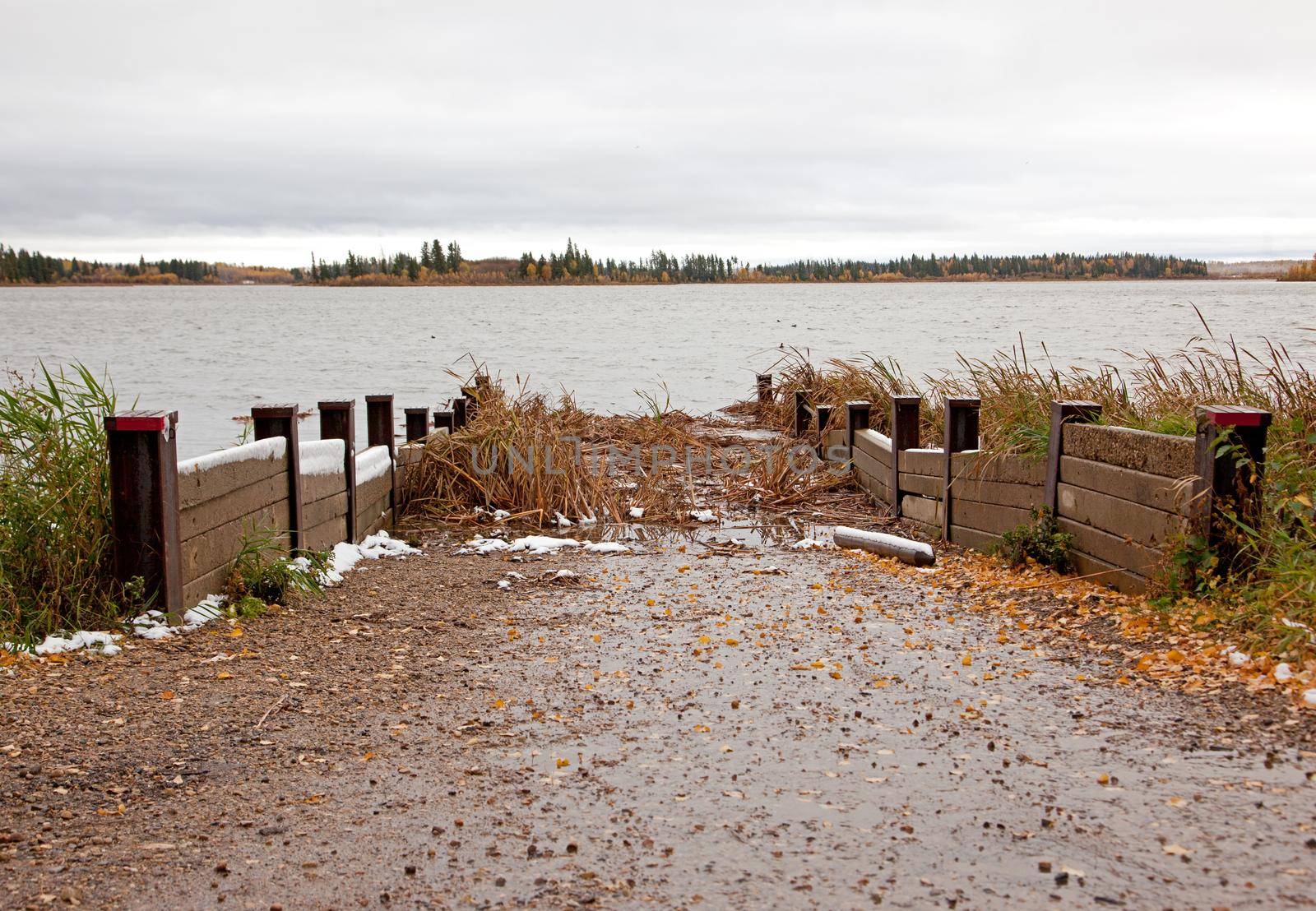 a canoe or boat ramp leading to a marshy swamp in autumn 