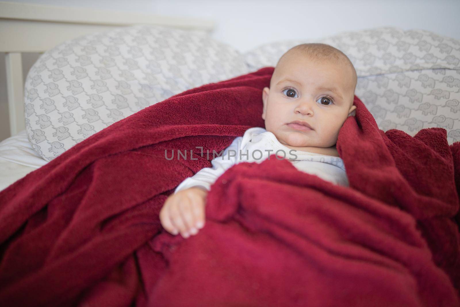 Adorable and relaxed baby covered with red blanket and lying on bed. Cute calm baby resting on pillows. Toddles and babies on beds