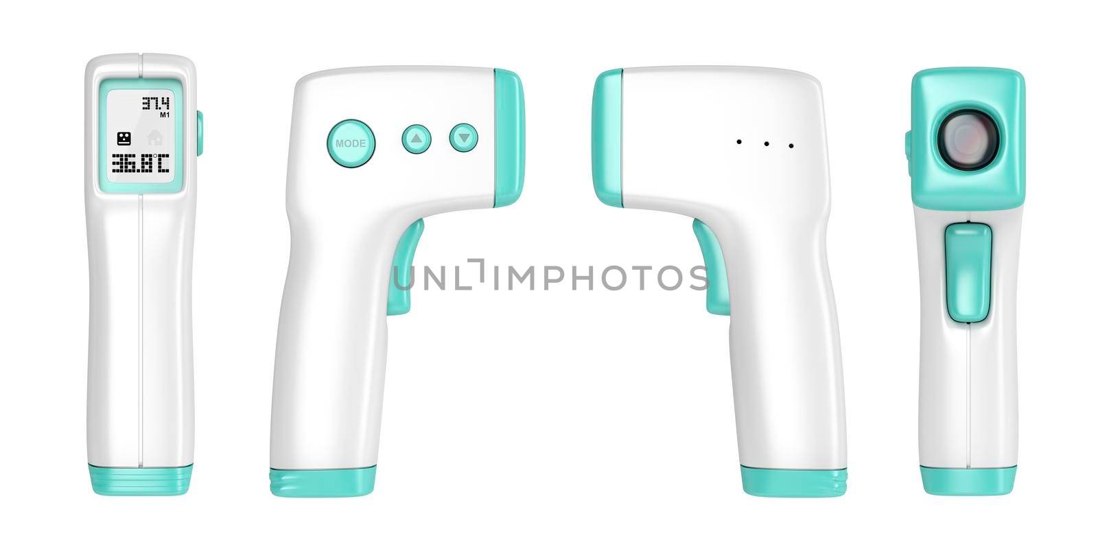 Front, side and back view of gun shaped non-contact infrared thermometer