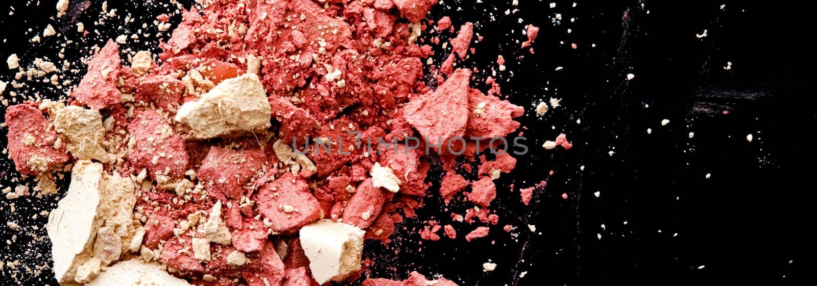 Crushed cosmetics, mineral organic eyeshadow, blush and cosmetic powder isolated on black background, makeup and beauty banner, flatlay design by Anneleven