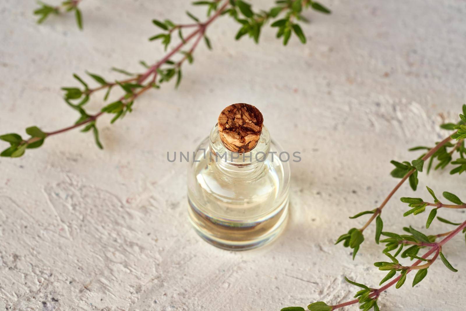 Essential oil bottle with fresh thyme twigs on white background