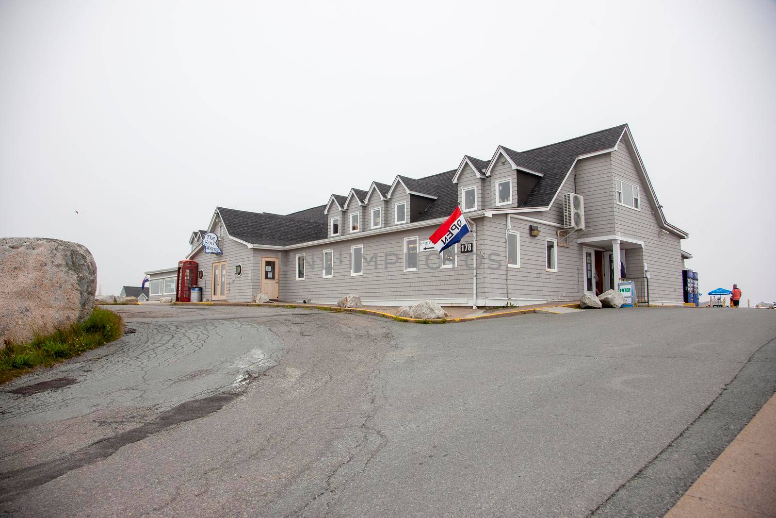 Halifax, Nova Scotia: July 19, 2020: The landmark Sou Wester restaraunt on a foggy day in the summer at the famous Peggy's Cove area