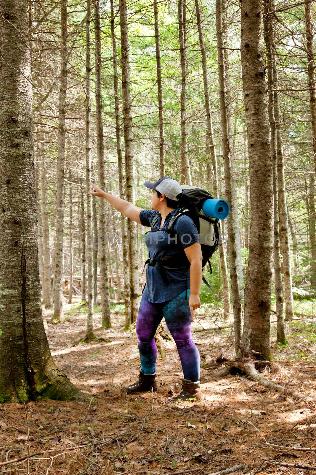 Woman points while hiking  by rustycanuck