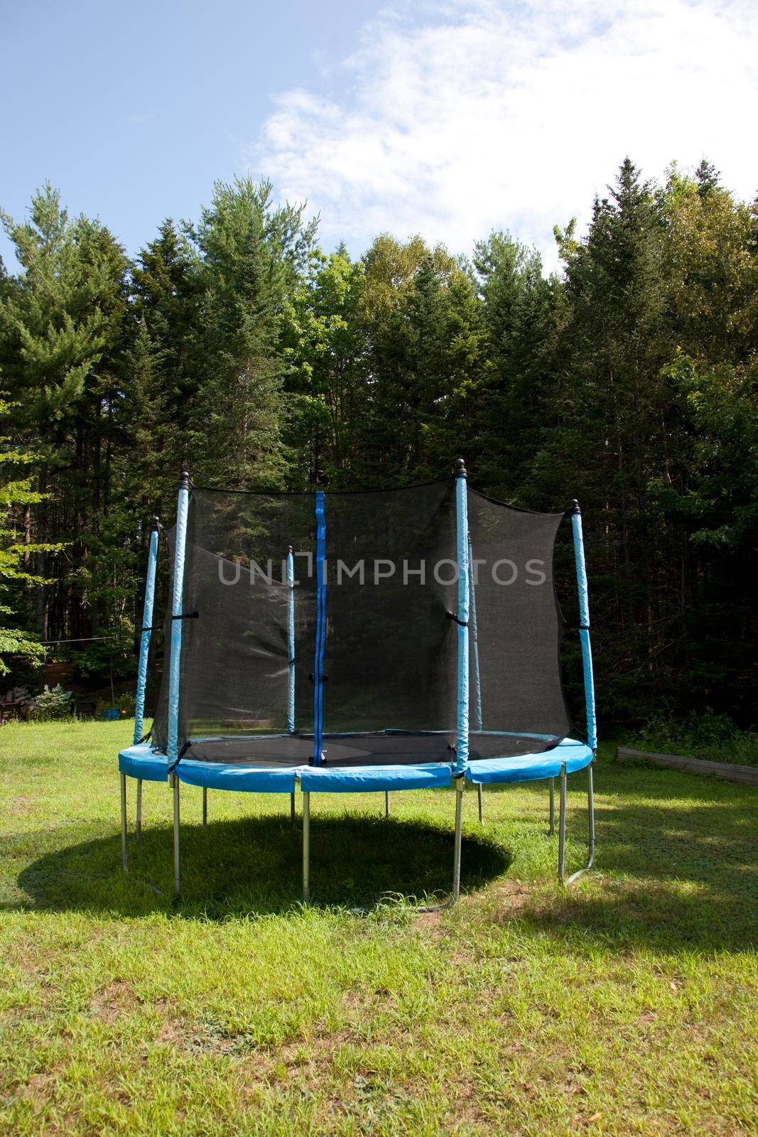A blue and black contained trampoline area for children in the yard 