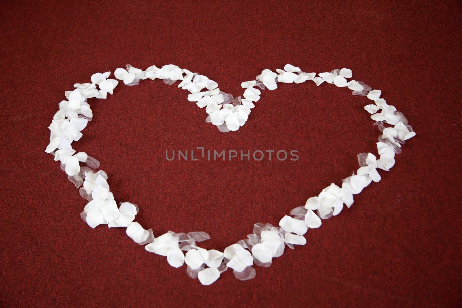 On a red carpet, white flower petals make the shape of a heart
