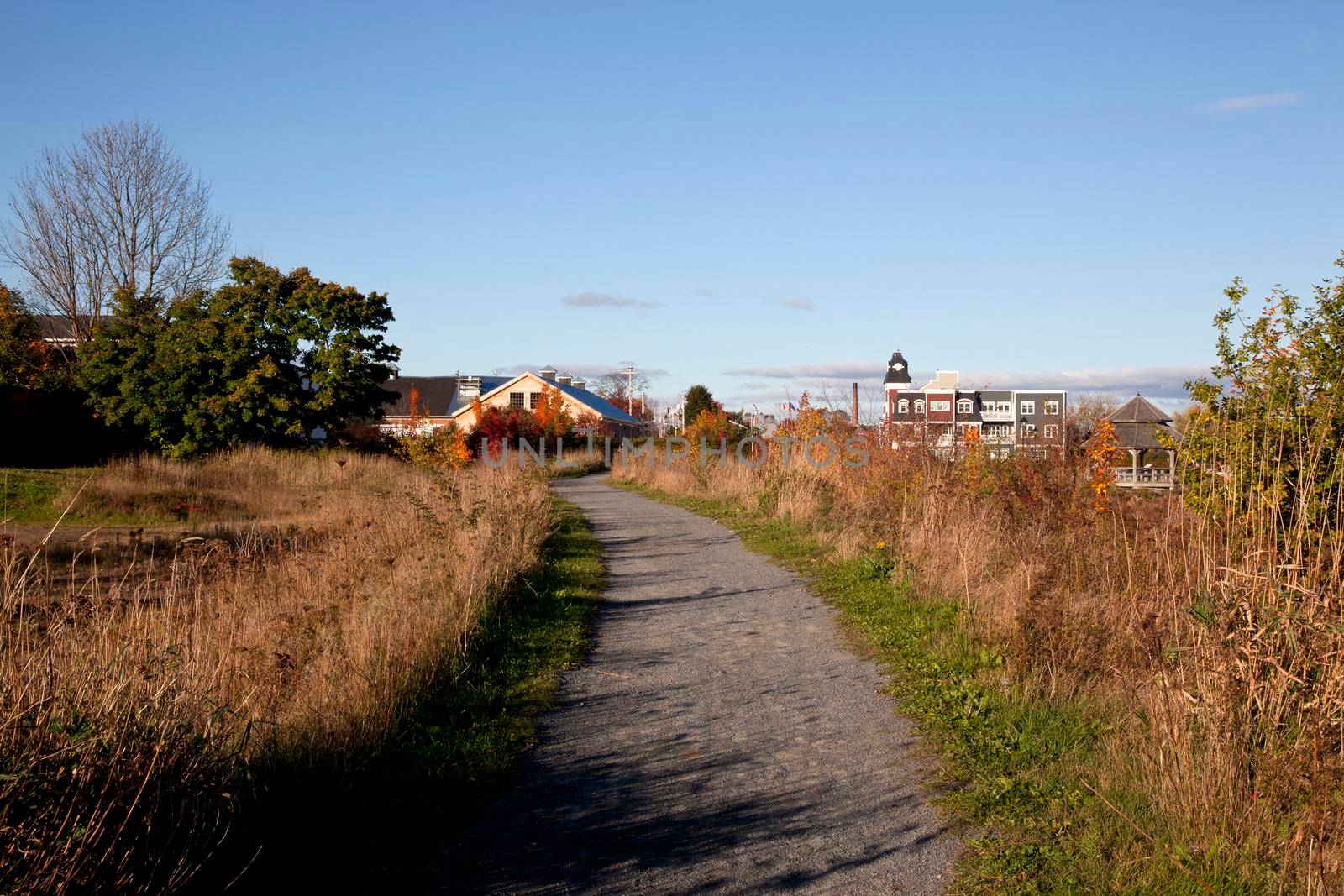 Wolfville, Nova Scotia- October 23, 2012: The path across the dykes in Wolfville leading to the waterfront park and Railtown 