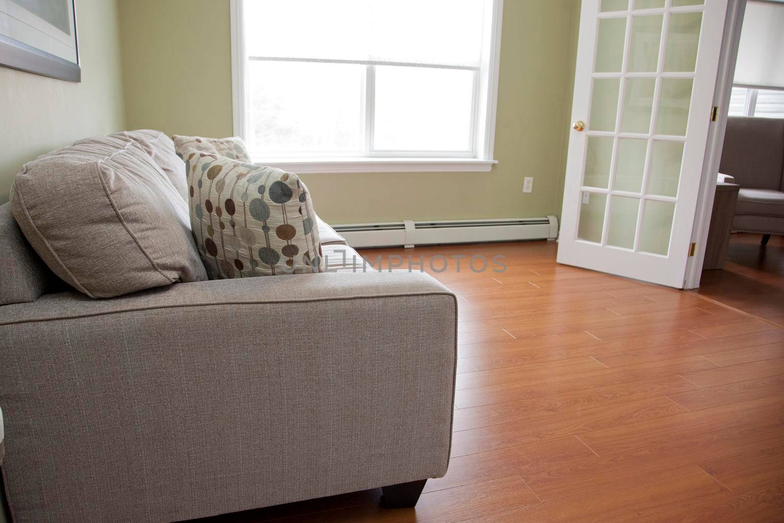 Lovely bright interior of a living room with grey couch and green walls 