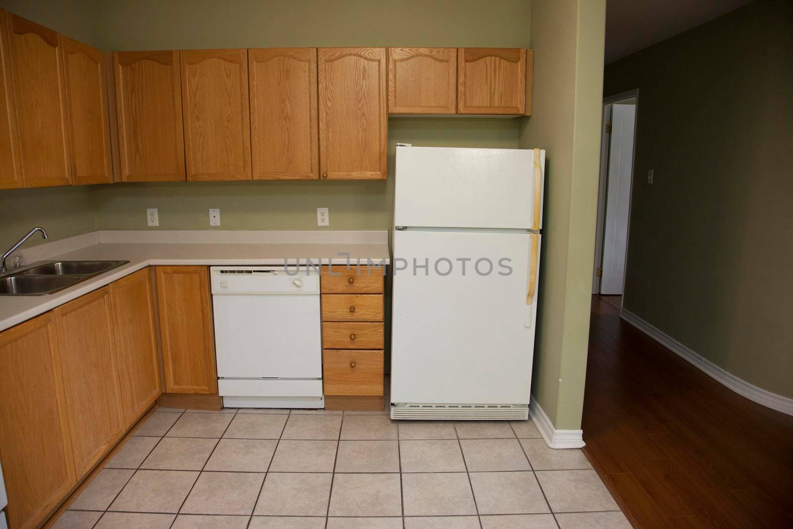 Looking at a small kitchen fridge, cupboards and long hallway 