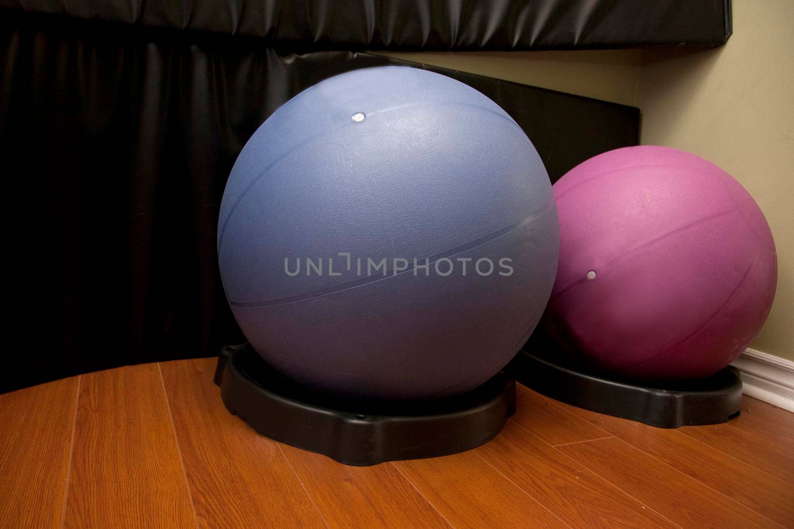 Blown up balance balls in a workout or exercise area