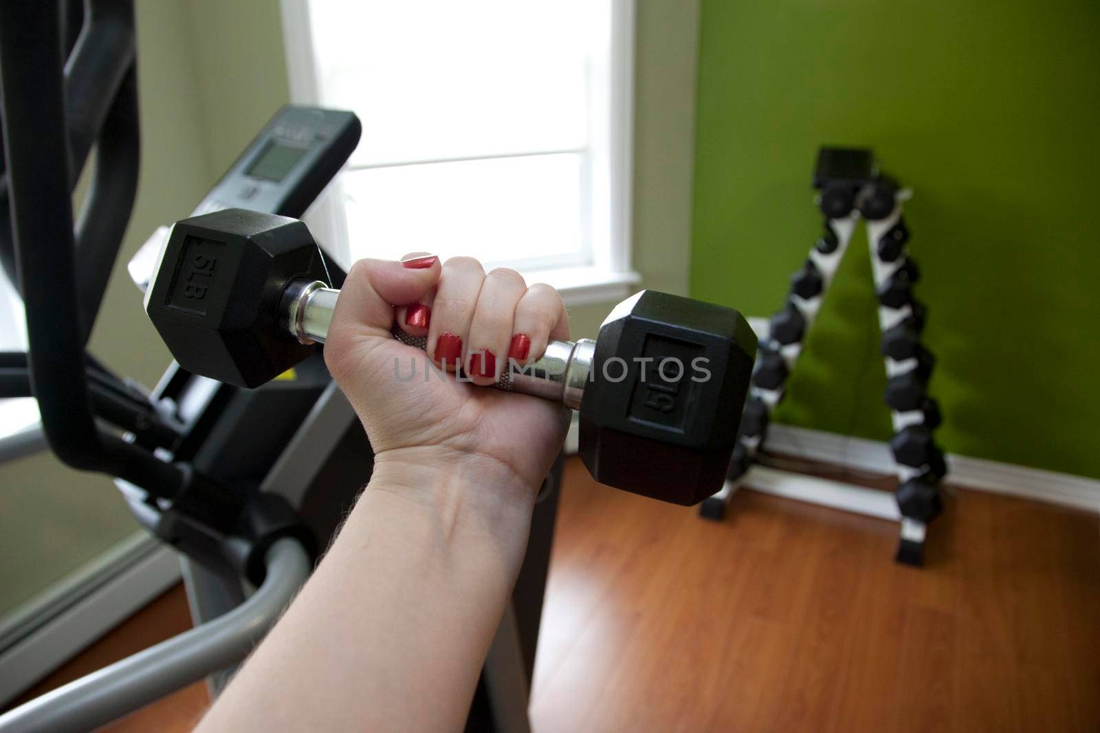 POV Hand lifting a small weight in a home gym with dumbells in the background 