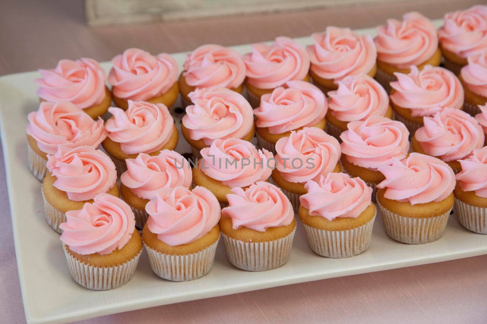 Little vanilla cupcakes with pink frosting in a row 