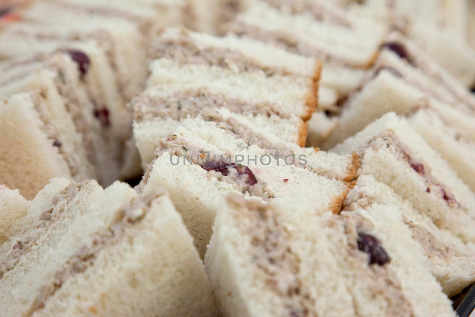  Beautiful assortment of chicken or turkey sandwiches on a tray at a party 