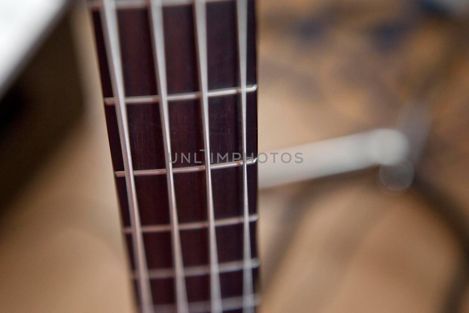 Soft focus on the wooden frets and metal strings of a bass guitar