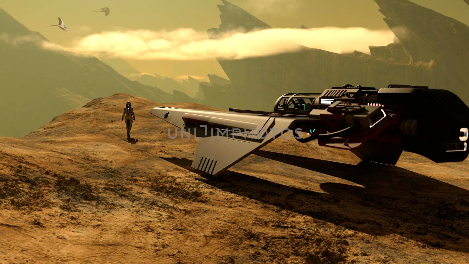 Space traveler exploring a new planet and facing alien flying creatures - 3d rendering